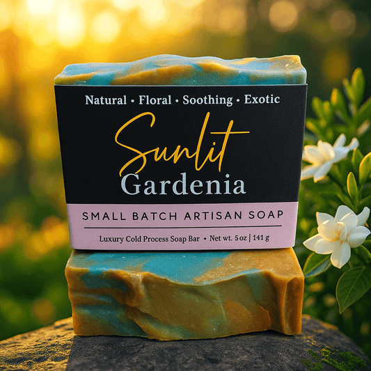 Sunlit Gardenia Soap Bar - Soap Boutique, artisan soap with floral colors and natural ingredients, highlighting soothing gardenia scent.