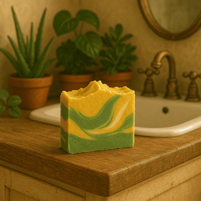 Sunlit Gardenia Soap Bar - Soap Boutique displayed on a wooden countertop with plants in the background.