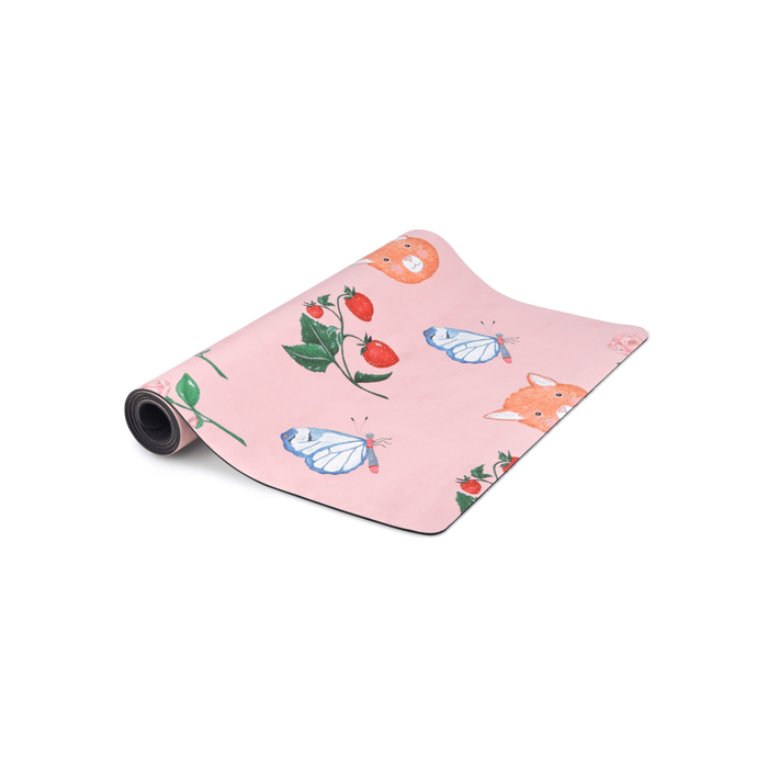 Sweet Print Kids Yoga Mat with Chloe Jasmine illustrations featuring butterflies, strawberries, and foxes on a pink background.