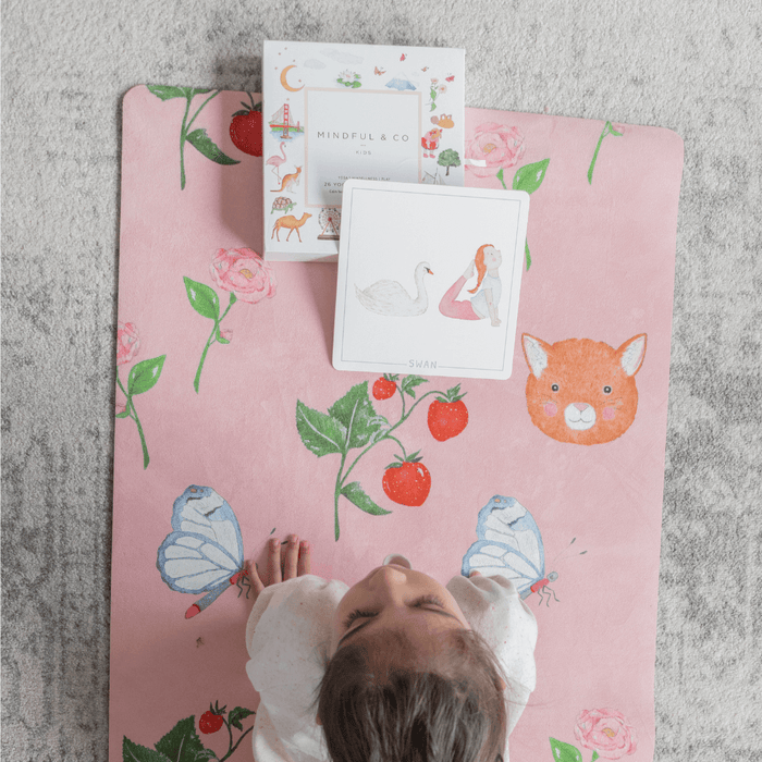 Sweet Print Kids Yoga Mat featuring charming illustrations and accessories for creative yoga sessions.
