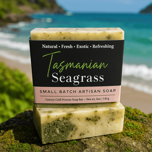 Tasmanian Seagrass Soap - Soap Boutique bar on a beach with ocean in background, showcasing its natural, fresh look.