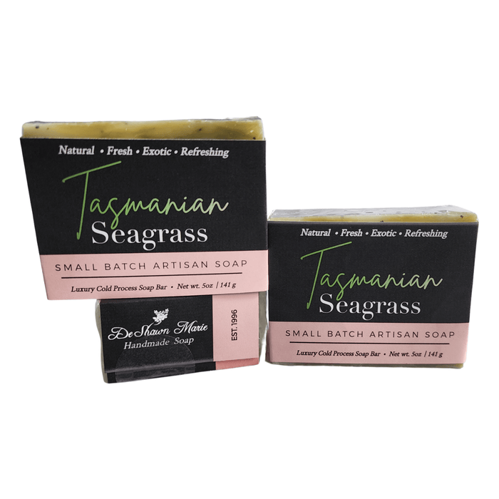 Tasmanian Seagrass Soap - Soap Boutique displayed with natural and exotic branding on handcrafted soap bars.