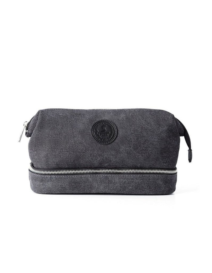 Taylor of Old Bond Street medium grey canvas wash bag front view with logo badge