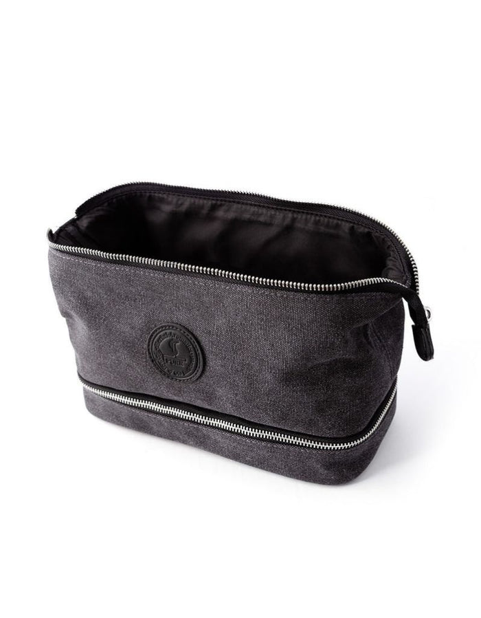 Taylor of Old Bond Street medium grey canvas wash bag with zipper open