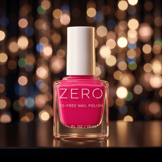 Pink nail polish bottle labeled 'ZERO' with a blurred bokeh background