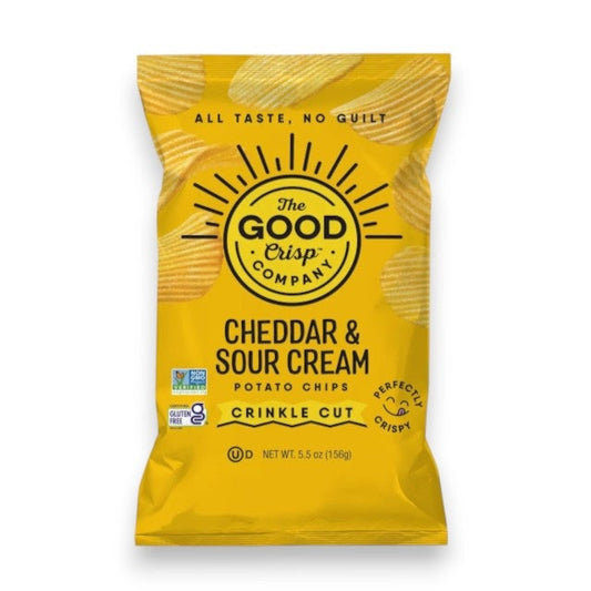 A bright yellow bag of THE GOOD CRISP COMPANY CRINKLE CUT CHEDDAR SOUR CREAM CHIPS showcases bold lettering and a sunburst design. This popular snack boasts gluten-free and non-GMO certifications, making it an ideal pick for Cheddar & Sour Cream fans.