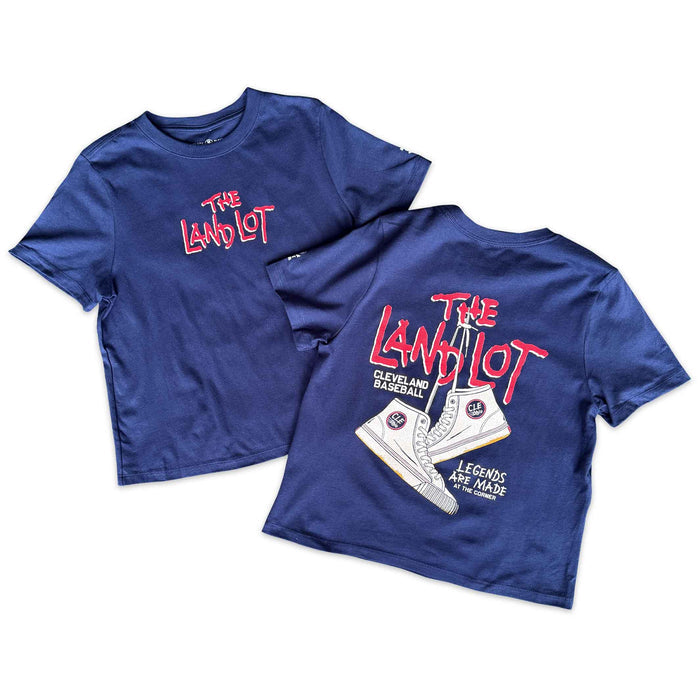 Blue t-shirt with 'The Land Lot' text and graphic on a white background