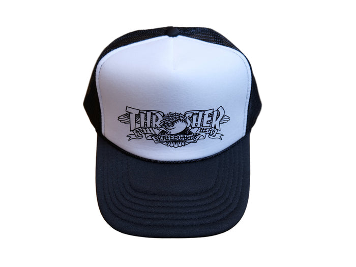 Thrasher x Antihero Mag Banner Trucker Cap - Black / White
