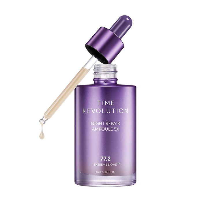 MISSHA Time Revolution Night Repair Ampoule 5X with dropper, featuring Extreme Biome™ formula for firming, smoothing, and revitalizing skin overnight