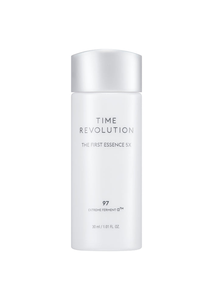 MISSHA Time Revolution The First Essence 5X mini bottle with sleek white packaging, powered by 97% Extreme Ferment α™ for bright, hydrated skin