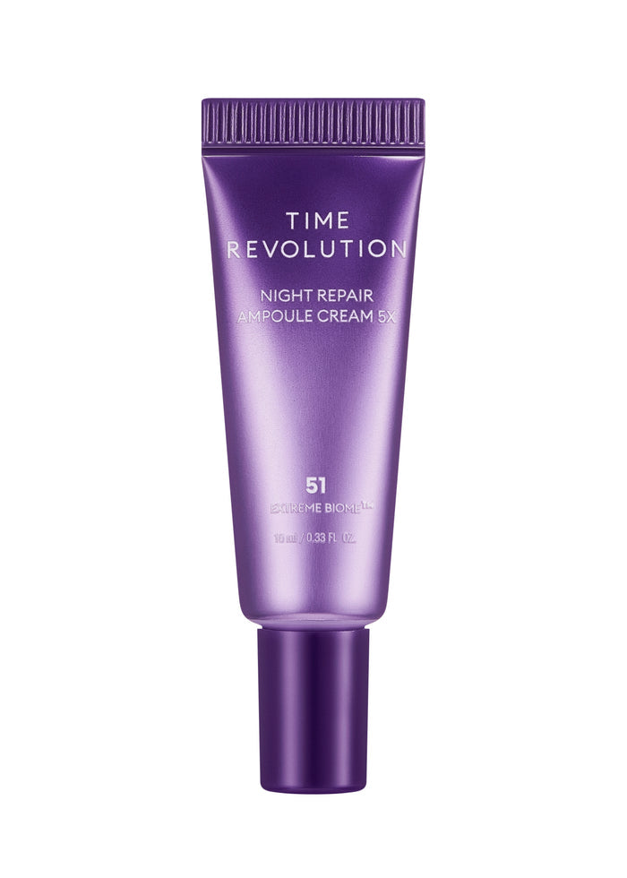 MISSHA Time Revolution Night Repair Ampoule Cream 5X mini tube in purple packaging, infused with Extreme Biome™ for firming and wrinkle care