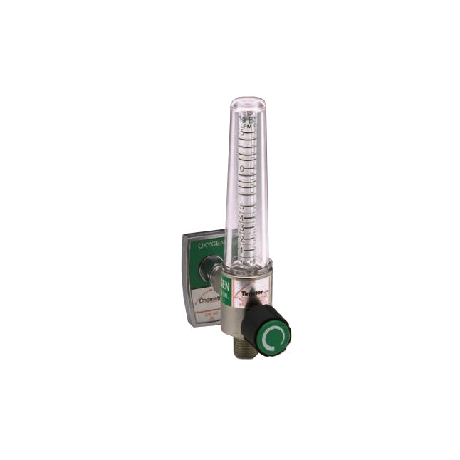 A flowmeter regulates oxygen flow; a transparent tube displays the rate in liters per minute. It's mounted on a wall. The label reads: "OXYGEN," "CHEMIST," and "Thringer."