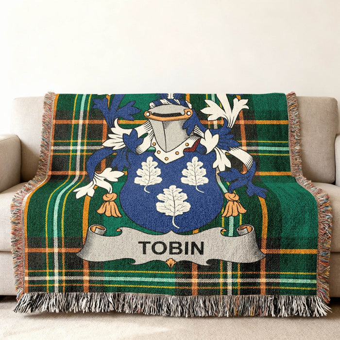 Tobin family crest on an Irish National Tartan woven cotton throw.