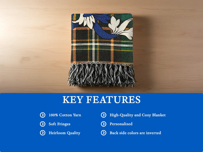 Key features of the Tobin 100% cotton woven blanket with fringed edges.