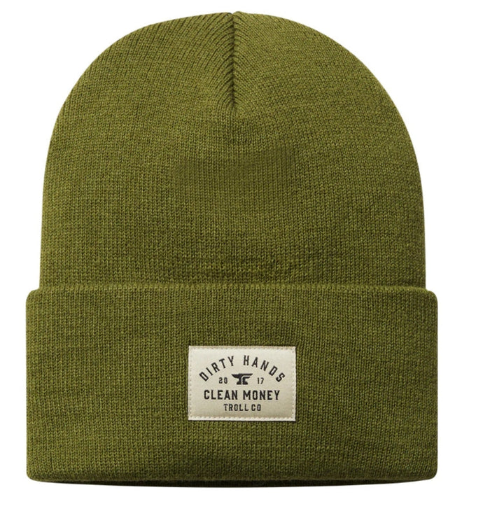 Troll Co. "Dirty Hands Clean Money" Woven Label Cuffed Beanie Hats & Caps Troll Co. Military Green OS