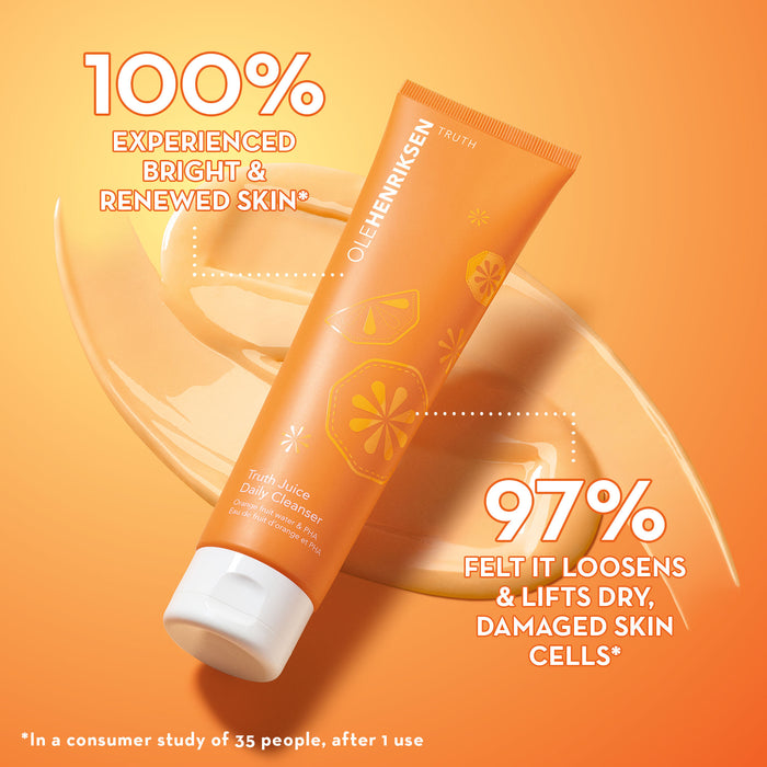 Infographic reading: 100% experience bright + renewed skin* and 97% felt it loosens + lifts dry, damaged skin cells* (*In a consumer study of 35 people, after 1 use).
