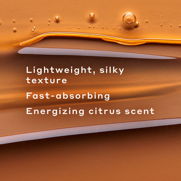 Smear of Truth Serum as the background with text that reads: Lightweight, silky texture. Fast-absorbing energizing citrus scent.