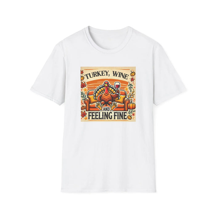 White t-shirt with a graphic of a turkey, wine glasses, and pumpkins on a white background
