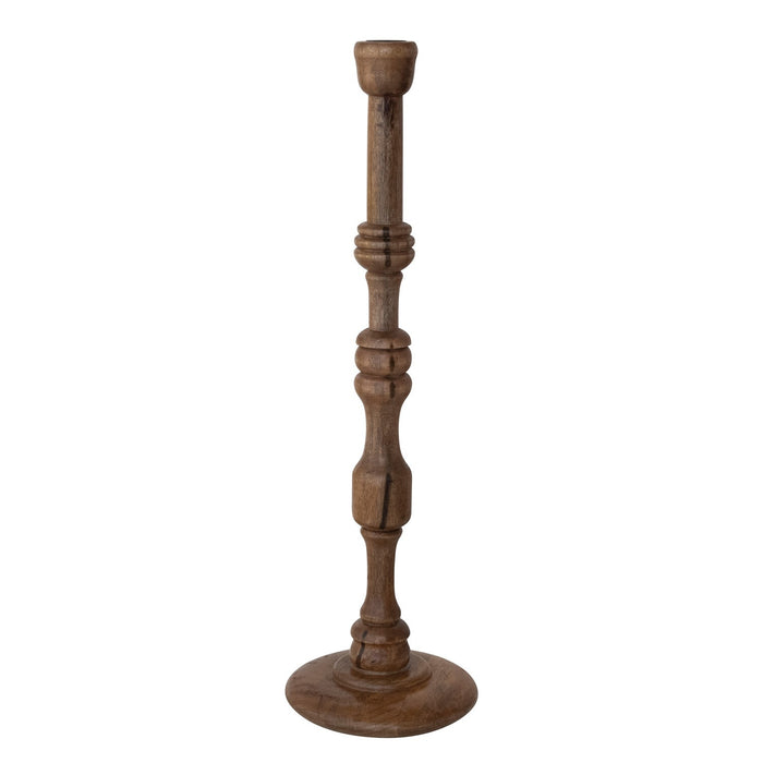 The TURNED MANGO WOOD TAPER HOLDER, MEDIUM by CREATIVE COOP features a tall, slender design with a round base, carved details, and a natural mango wood finish crafted in traditional turned woodwork.
