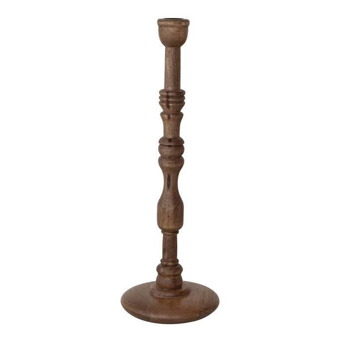 The CREATIVE COOP TURNED MANGO WOOD TAPER HOLDER, SMALL, features a traditional baluster-style stem and round base in mango wood, showcased on a white background.