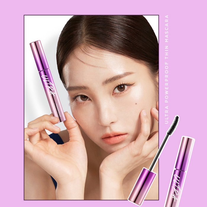 Model showcasing MISSHA Ultra Powerproof Thin Mascara for lifted, defined lashes with sleek holographic packaging