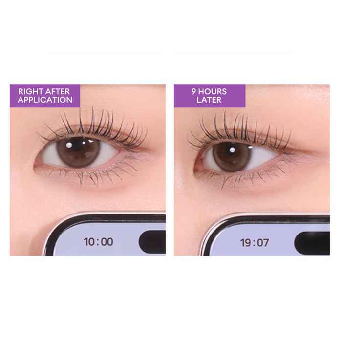 MISSHA Ultra Powerproof Thin Mascara long-wear test showing curled lashes right after application and 9 hours later with no smudging