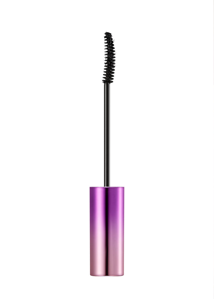 A wand of MISSHA Ultra Powerproof Thin Mascara with a brush, displayed on a reflective surface with a colorful, holographic background.