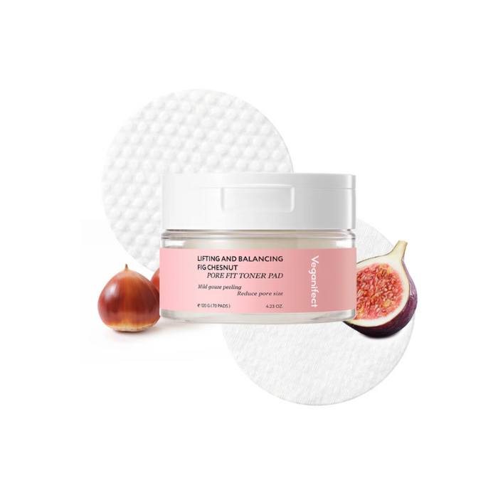 VEGANIFECT Lifting and Balancing Fig Chestnut Pore Fit Toner Pad is designed to refine and smooth your complexion. Infused with Fig and Chestnut extracts, this toner pad helps tighten pores and improve skin texture. Key ingredients like Centella Asiatica and Evening Primrose enhance skin's resilience, promoting a firmer, more balanced look. The formula also includes a blend of botanical extracts and hydrating agents like Glycerin and Xylitol, which moisturize and soothe the skin. Perfect for dai