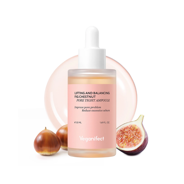 VEGANIFECT Pore Refining Fig Chestnut Ampoule is a potent anti-aging and skin refining serum designed to diminish the appearance of pores and treat dark spots. Enriched with Fig and Chestnut Extracts, it deeply nourishes while minimizing pores for a smoother, more youthful complexion. This formula features Niacinamide and Hyaluronic Acid to brighten skin tone and provide deep hydration. Hydrolyzed Collagen helps to reduce signs of aging by improving skin elasticity. The inclusion of botanical ex