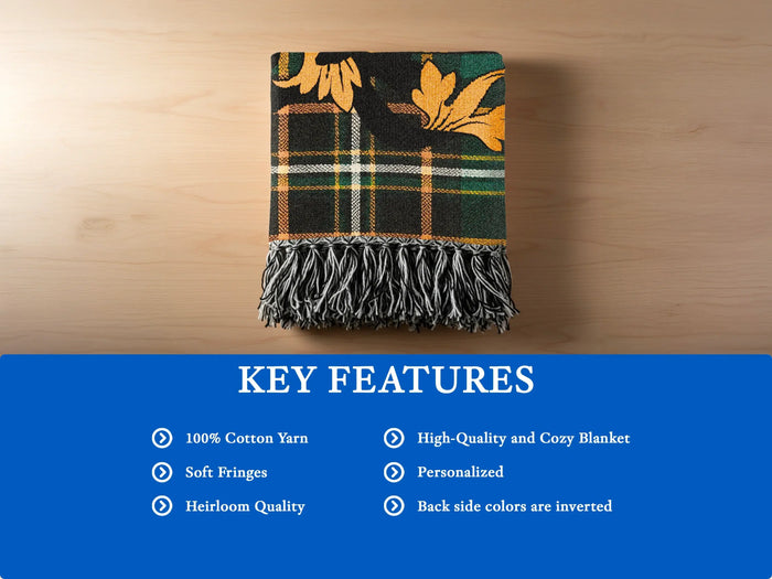 Key features of the Vesey 100% cotton woven blanket with fringed edges.