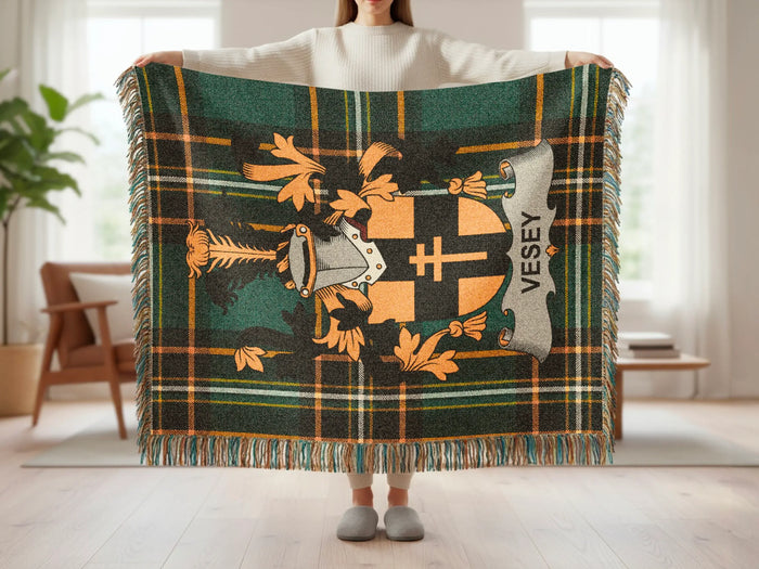 Vesey family crest tartan woven blanket shown at full scale.