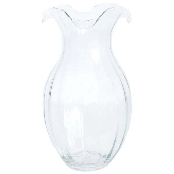The VIETRI Hibiscus Vertical Flute Vase Large features a clear, rounded body with a wide, flared scalloped rim and stands on a flat base against a white background.