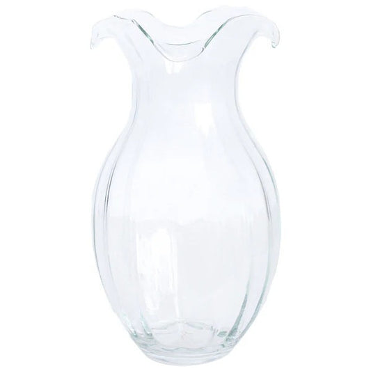 The VIETRI Hibiscus Vertical Flute Vase Large features a clear, rounded body with a wide, flared scalloped rim and stands on a flat base against a white background.