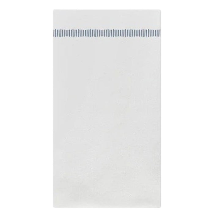 The VIETRI - PAPERSOFT FRINGE GUEST NAPKINS, BLUE, by VIETRI, features a white rectangular napkin with a single row of thin, evenly spaced blue stripes accenting one end, displayed against a plain background.