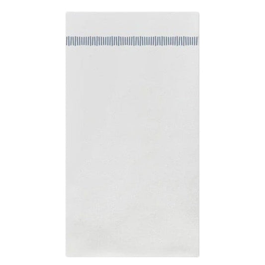The VIETRI - PAPERSOFT FRINGE GUEST NAPKINS, BLUE, by VIETRI, features a white rectangular napkin with a single row of thin, evenly spaced blue stripes accenting one end, displayed against a plain background.