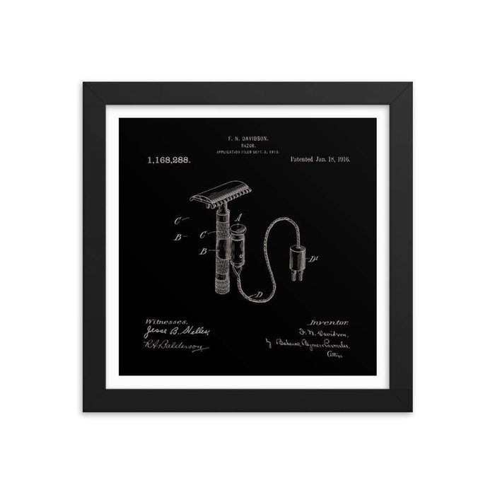 Vintage Davidson Safety Razor Elegant Black Patent Drawing Framed Print - Phoenix Artisan Accoutrements
