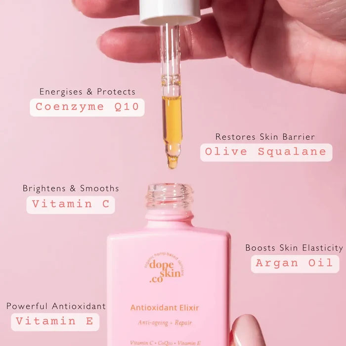 Pink skincare serum bottle with dropper, labeled ingredients on a pink background