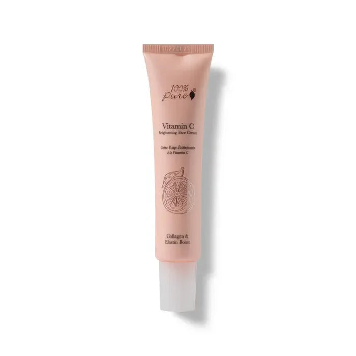 Pink skincare tube with '100% Pure' branding on a white background