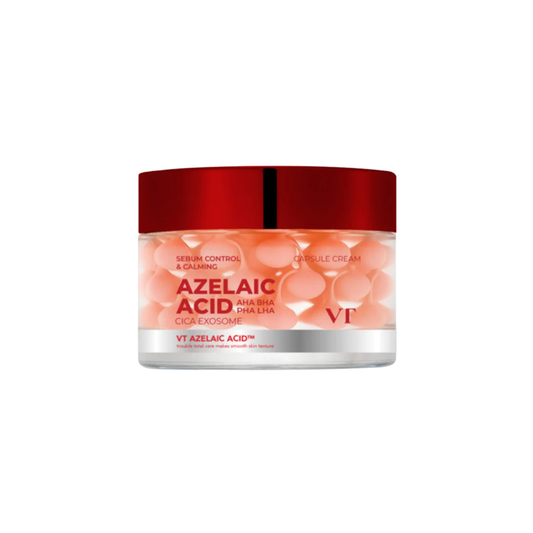 VT Azelaic Acid Care Capsule Cream is a lightweight gel cream designed to help balance excess oil, calm blemish-prone skin, and support a clearer-looking complexion. Formulated with Azelaic Acid, Niacinamide, Salicylic Acid, Glycolic Acid, Lactobionic Acid, Centella Asiatica Extract, Madecassoside, Beta-Glucan, Panthenol, Tea Tree Extract, and Peptides, it helps refine uneven texture, soothe irritation, and support the skin barrier. The breathable dual-texture formula features azelaic acid capsu
