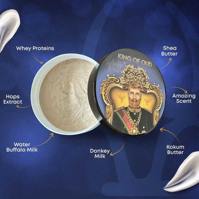 Open King of Oud Shaving Soap with ingredients like whey proteins and shea butter