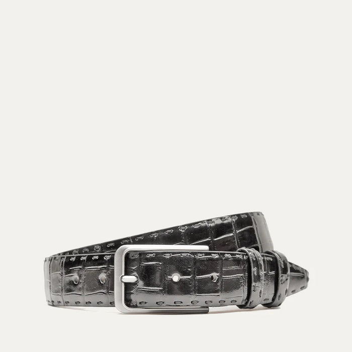 The WILL LEATHER GOODS - CROCO BELT IN BLACK features premium black leather with a crocodile texture and a silver buckle, shown against a plain white background.