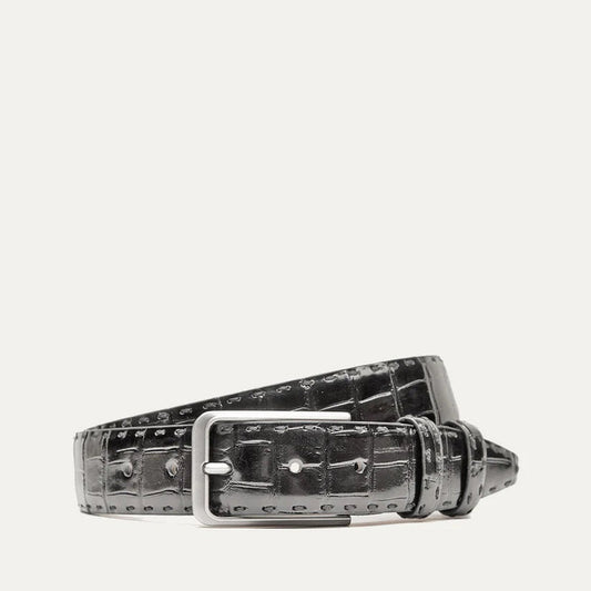 The WILL LEATHER GOODS - CROCO BELT IN BLACK features premium black leather with a crocodile texture and a silver buckle, shown against a plain white background.