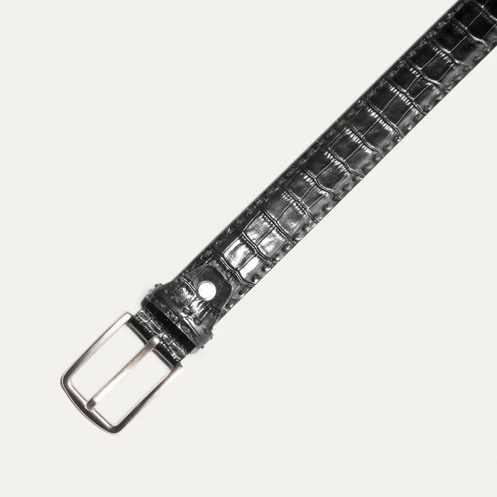 The WILL LEATHER GOODS - CROCO BELT IN BLACK features premium black leather with a crocodile texture and a silver buckle, shown against a plain white background.