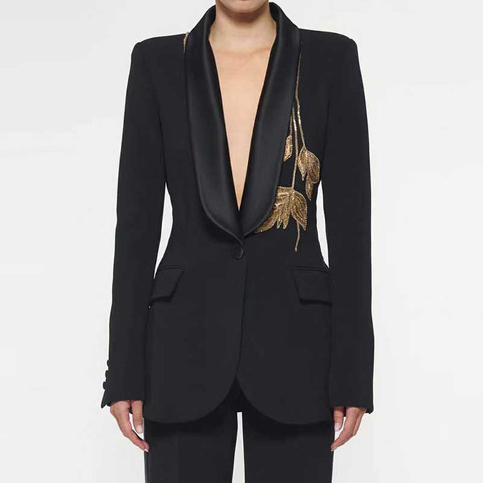 Women Satin Collar Event Pantsuit Bell-bottom Trousers Suit with Beaded