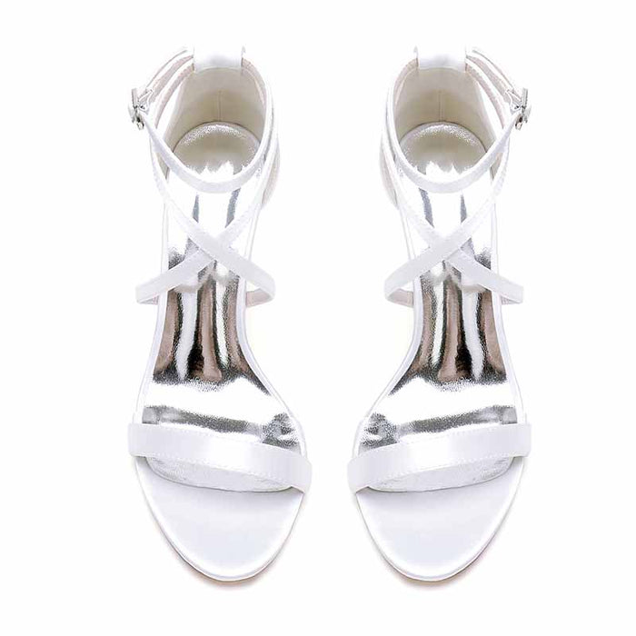 S&DCo. women's chunky heel ankle strap sandals in white with stylish cross strap design