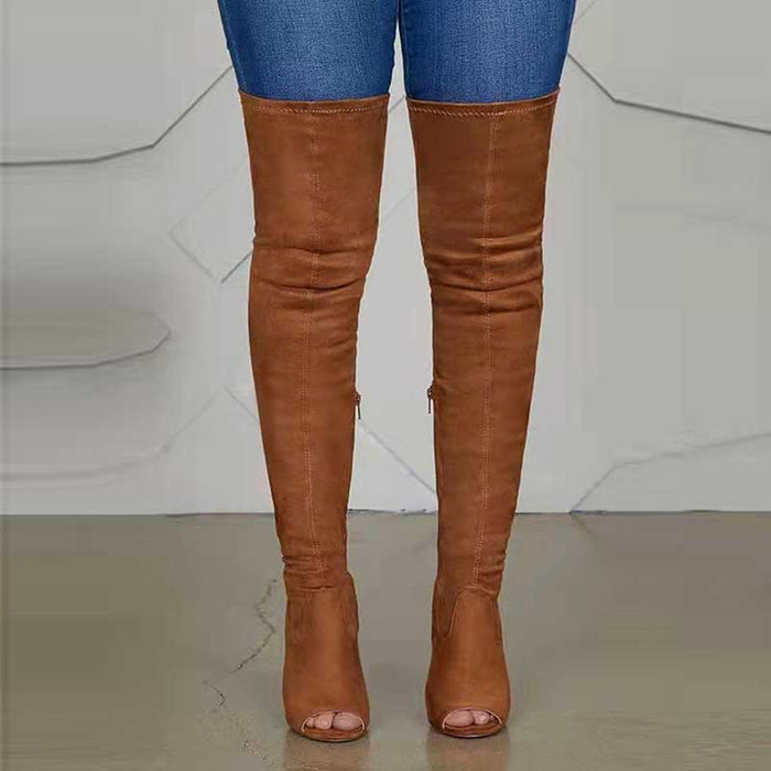 Stylish women's open toe over knee boots in brown with a sleek design for a trendy look