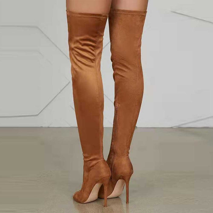 Women's open toe over knee boots in brown with a stylish stiletto heel for a chic look