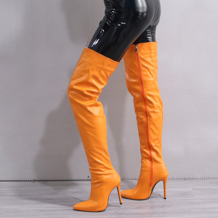 Stylish women's over the knee boots in vibrant orange with a sleek design and stiletto heels