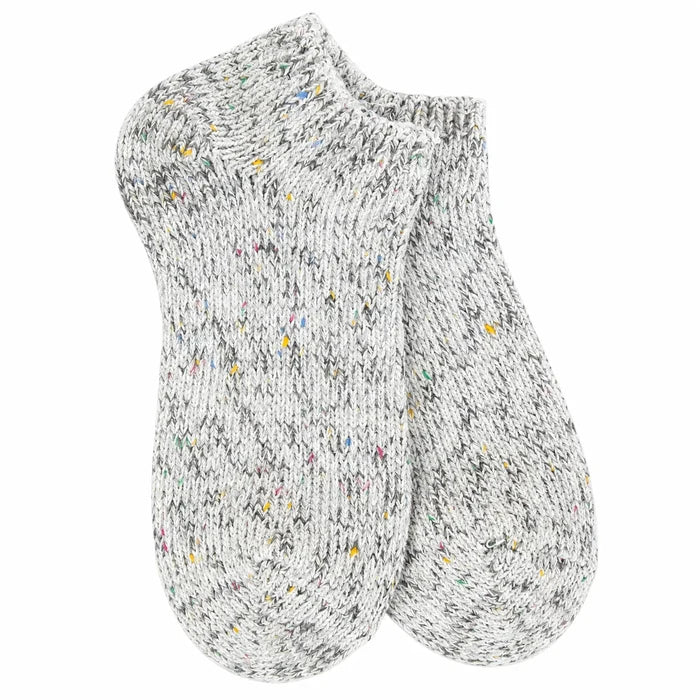 A pair of low-cut ankle socks in a white and gray marled knit pattern with small multicolored flecks, shown on a plain white background.