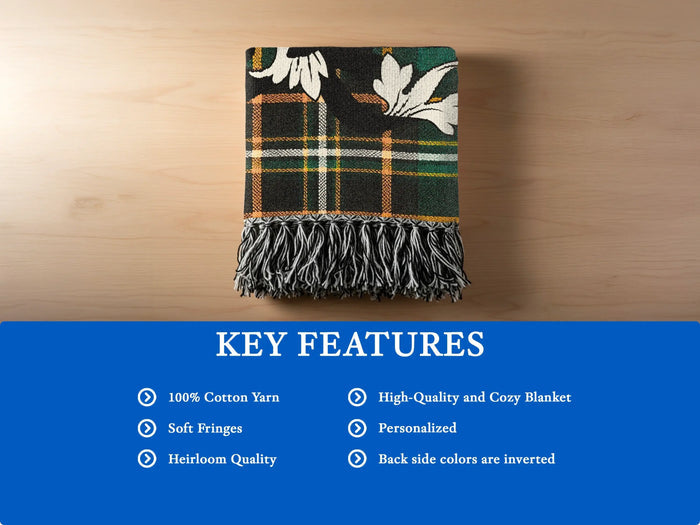 Key features of the Worth 100% cotton woven blanket with fringed edges.